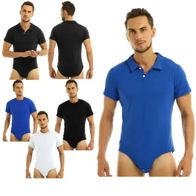 Men's Short Sleeve Turn-Down Collar Press Leotard Bodysuit Casual Wear Nightwear • £17.29