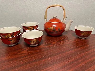 Vintage Chinese Porcelain Teapot And 6 Cup Set Gold & Pewter Flower Decoration • $34.50