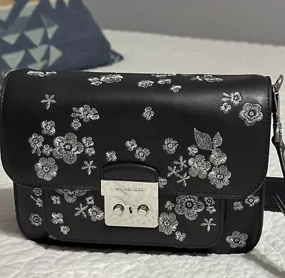 Michael Kors Sloan Editor Black Leather Bag W/embroidered Flowers • $85