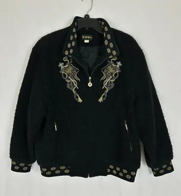 Vintage Boucle Wool Bomber Jacket Gold Embroidery Long Sleeve Zipper Lined M • $29.90