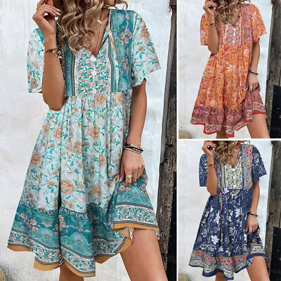 $26.11 • Buy ZANZEA Women Bohemian Floral Print Lace-up V Neck Casual Loose Party Mini Dress