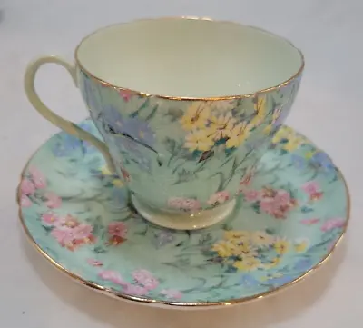 £69.21 • Buy Shelley Melody Chintz Footed Cup Saucer  Henley Shape Green Trim 13453