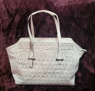 COACH White Laser Floral Cutouts Tote Shoulder Bag With Beige Satin Lining • $75