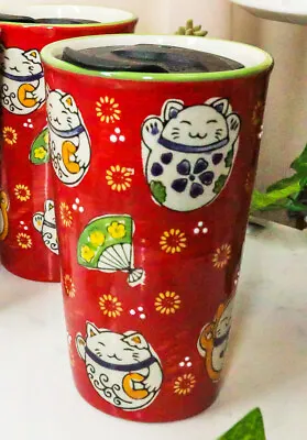 Ebros Red Maneki Neko Lucky Cat Ceramic Travel Mug Cup 12oz With Lid Hot Or Cold • $26.99