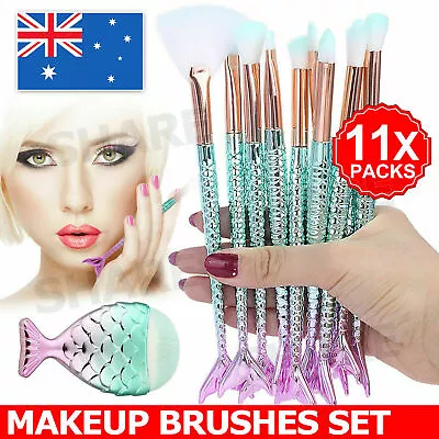 11 X Mermaid Makeup Brushes Set Fish Tail Foundation Eyeshadow Cosmetic Brush • $7.95