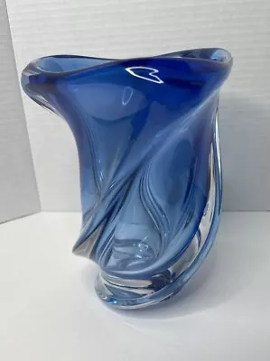 Vintage Signed Val St Saint Lambert Blue Twisted Swirl Art Glass Vase Heavy • $123.24