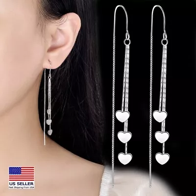 Women 925 Sterling Silver Earrings 3D Love Heart Tassel Threader Ear Chain 1987 • $6.99