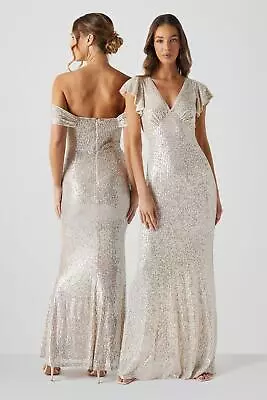 COAST V Neck Angel Sleeve Sequin Maxi Bridesmaids Dress • £107.10