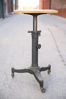 Vintage Industrial Cast Iron Adjustable Table Wood Top Rolling Cart • $450