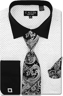 C. Allen Men's Pin Dot Pattern Regular Fit French Cuffs Dress Shirts With Tie Ha • $115.98