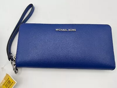 Michael Kors Jet Set Continental Travel Wallet Leather SAPPHIRE BLUE WRISTLET • $99