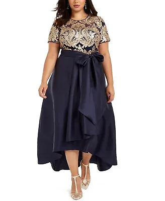 Plus Size Short Sleeve Navy Gold Sequin-Embellished High-Low Gown- Mother Of The • $139.99
