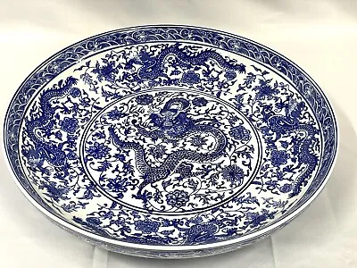 Vintage Large 14.5” Bowl Porcelain Five-Claw Dragon Qianlong Blue Mark • $145