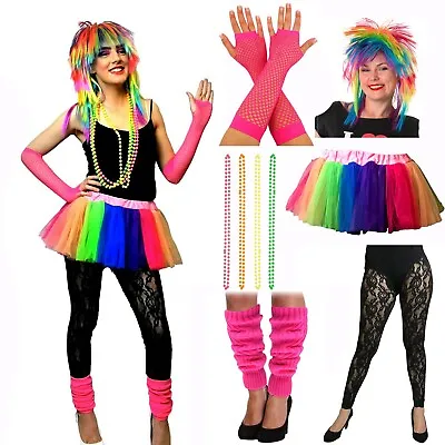  Neon 80's Uv Tutu Skirt Leg Warmer Beads Hen Night Fancy Dress Costume Rainbow • £5.99