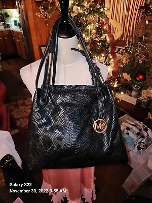 Michael Kors Fulton Black Python Embossed Leather Hobo Shoulder Bag $498 Retail! • $57.77