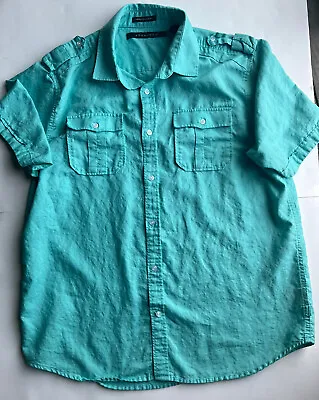 Mens Sean John Button Up Shirt Short Sleeve Aqua Green Linen Cotton Blend XL • $12.99