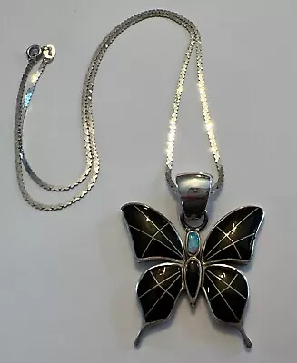 Vintage Sterling Silver Black Onyx Opal Large Butterfly Pendant Necklace • $79.99