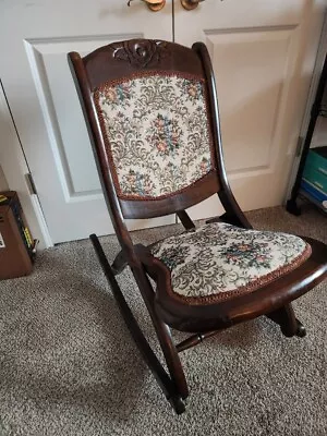 Antique Victorian Tapestry Carved Wood Folding Rocking Chair • $76.99