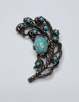 Vintage 1950s Silver Tone And Faux Matrix Turquoise Feather Brooch • £4.99