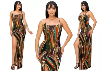 Spaghetti Strap Sexy High Slit Thigh Multicolor Long Dress | Bodycon Maxi Style • $41.99