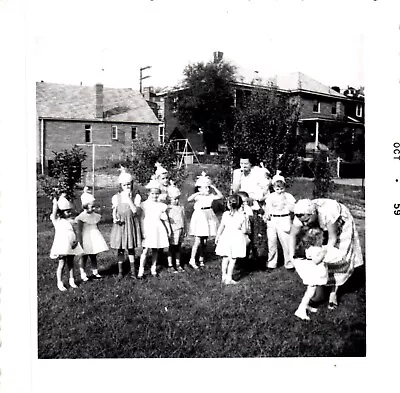 Vintage Found Photo 1959 Kids Play Birthday Party Games In Backyard Snapshot • $6.25