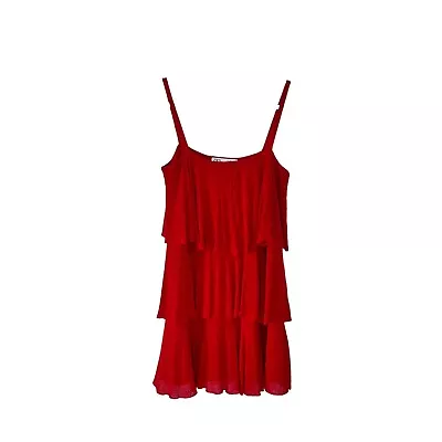 Zara Red Spaghetti Strap Mini Dress Size Small S Ruffled Gauzy Classic Flapper • £21.22