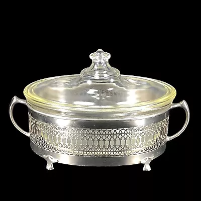 VTG Early Pyrex Oval Clear Glass Casserole Lid Metal Carrier W/ Handles AS IS • $71.96