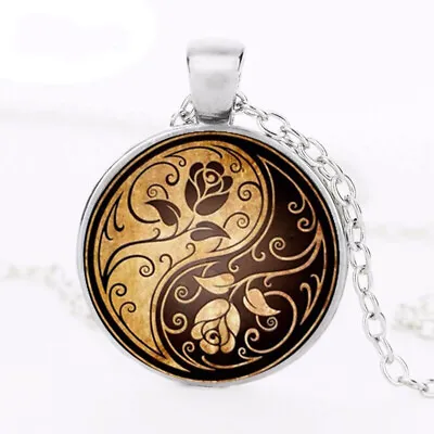 Yin Ying Yang Sign Symbol Rose Flower Floral Necklace Pendant + Free Gift Bag • £5.99