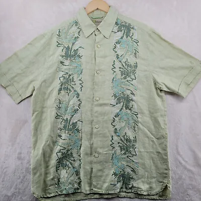 Cubavera Men Size L Green Floral Linen Blend Short Sleeve Cuban Shirt • $24.99
