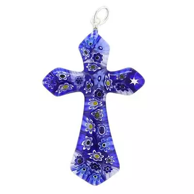 GlassOfVenice Murano Glass Blue Millefiori Elegant Cross Pendant • $39.95