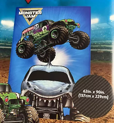 Monster Jam GRAVE DIGGER & MEGALODON Super Soft Blanket 62in X 90in Twin Throw • $29.56