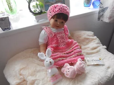 Hand Crochet/knit Pink*Flower*Dress Set For Baby Girl 0-3mths/reborn 19-22 *New* • £22.99