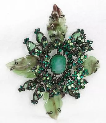 Massive Lawrence VRBA Green Art Glass Rhinestone Abstract Flower Brooch STUNNING • $750