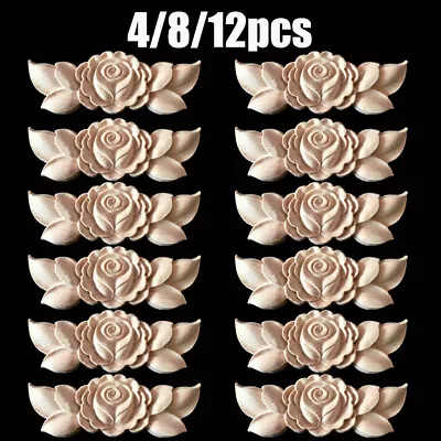 USA Unpainted Wood Carved Flower Onlay Furniture Applique Decal Figurine Decor • $11.49