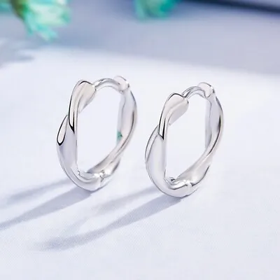 Shiny 925 Sterling Silver Twist Open Hoop Circle Huggie Earrings Women Girl Gift • £3.99