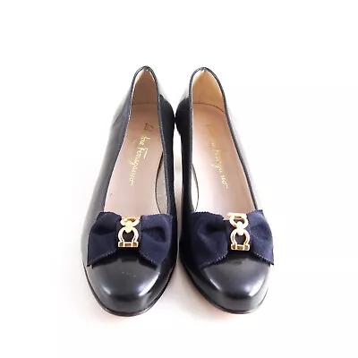 Ferragamo Gancio Pumps Mid Heel Blue Leather Bow Women Size US 8.5 B EU 38.5 • $318.55