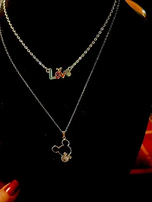 2 Disney Mickey Mouse Necklaces Love And Silver Rhinestone Rainbow Christmas • $9.99