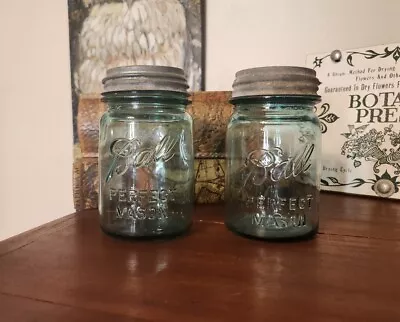 Set Of 2 Vintage Blue Mason Jars Ball With Zinc Lids - Pint Size - Marked #2 • $20