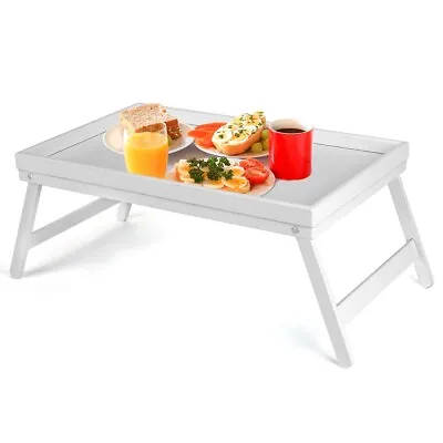 White Bamboo Wooden Breakfast Serving Lap Tray Over Bed Table With  Folding Legs • £13.99
