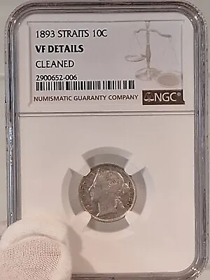 1893 Straits Settlements 10 Cent Silver Coin NGC Details Cleaned • $43.99