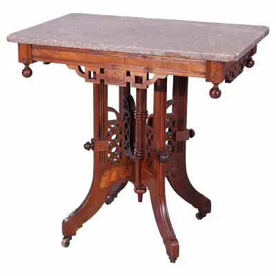 Antique Eastlake Walnut Burl & Rouge Marble Parlor Table C1890 • $1000