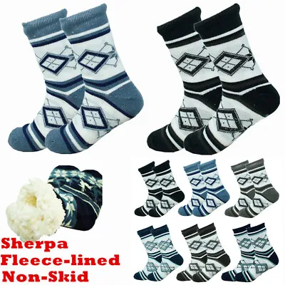 Mens Winter Grid Thick Sherpa Fleece Lined Cozy Fuzzy Non-Skid Slipper Socks LOT • $8.99