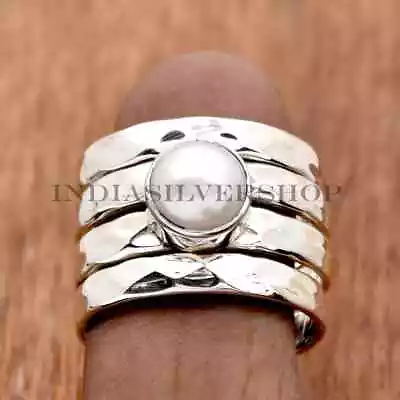 Natural Pearl Ring 925 Sterling Silver Ring Wide Band Ring Hammered Ring Fresh • $9.59