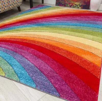 Funky Bright Rainbow Rugs Modern Multi Coloured Thick Runner Large Rug Cheap Mat • £26.99