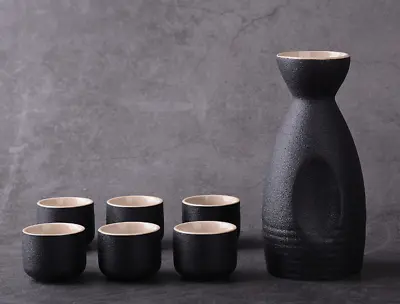 Japanese Wine Ceramic Sake Bottle Spirit Pot Jar Set Tokkuri 6 Cups Black White • $69.72