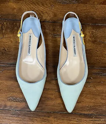 Manolo Blahnik Canvas & Suede Color Block Sky Blue And Yellow Flats Size 8.5 US • $175