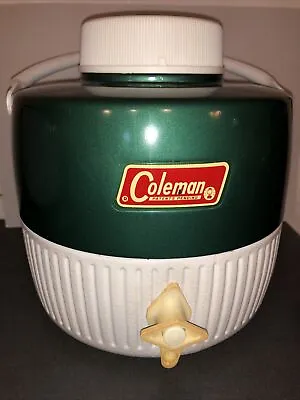 VTG Coleman Green & White Water Cooler Jug W/Cup 1 Gallon 1996? FREE S&H • $35