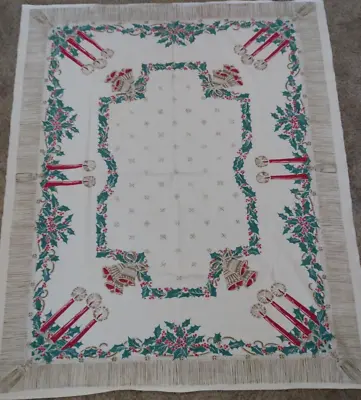 $19.95 • Buy Vintage Christmas Print Tablecloth Candles Bells Holly Red Gold Green
