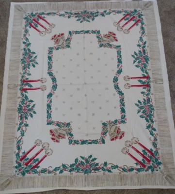 $19.95 • Buy Vintage Christmas Print Tablecloth Candles Bells Holly Red Gold Green