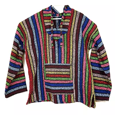 Artesanias Men's Mexican Drug Rug Rainbow Striped Pullover Hooded Jacket Sz XXL • $35.38
